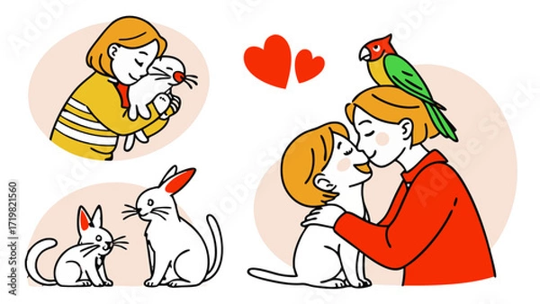 Fototapeta Pet and Owner Love Sticker Icon Set – Cute Cat Cuddling, Dog with Owner Hand, Rabbit with Kid, Bird on Finger and More, Vector Pack for Logos, Packaging and Stickers