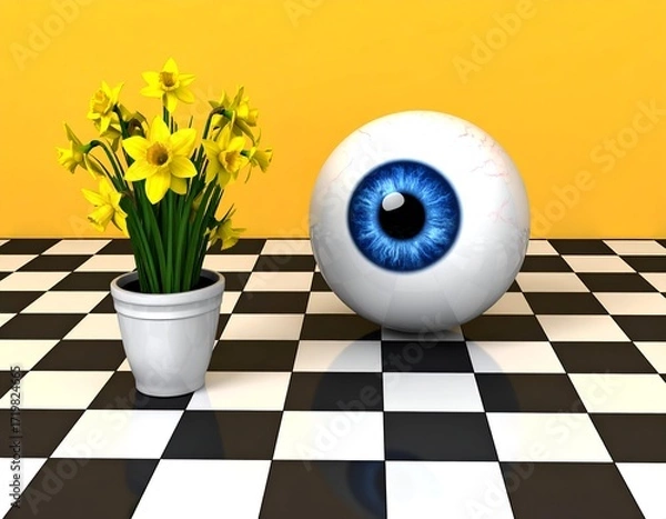 Fototapeta A surreal scene featuring a large blue eyeball next to a pot of vibrant yellow daffodils on a black and white checkered floor against a bright yellow wall.
