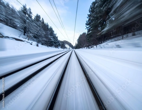 Fototapeta High-speed train journey through a snow-covered landscape, tracks blurring into the winter scenery under a clear blue sky.