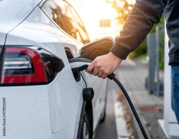 Fototapeta Close-up of a hand plugging a charging cable into a white electric car, highlighting sustainable energy and future mobility.