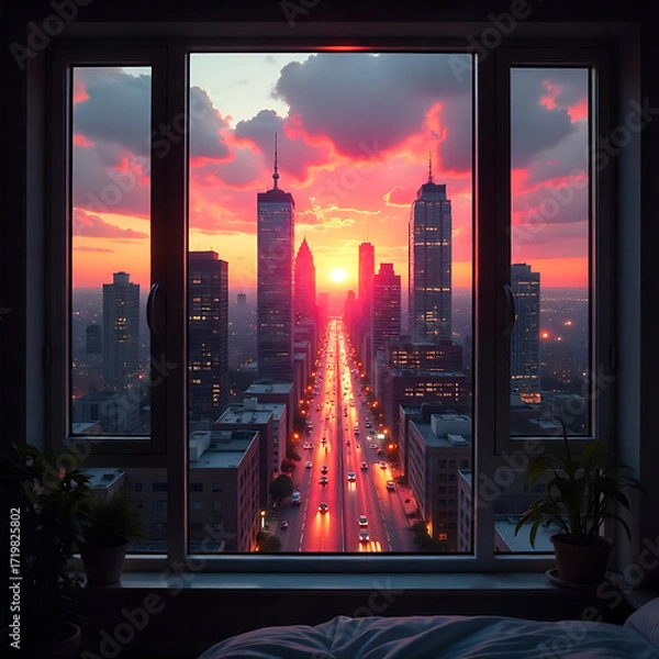 Fototapeta 
A breathtaking cityscape at sunset, viewed in a window, The sun sets at the end of a bustling street flanked by skyscrapers with beautiful unique wither.