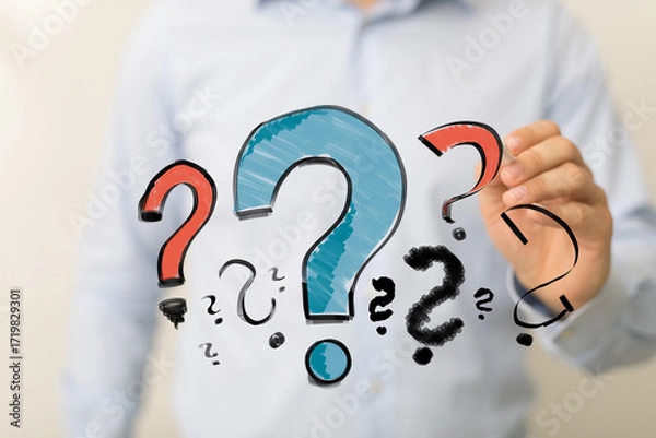 Fototapeta Hand drawn question marks, uncertainty, problem solving, decision making, brainstorming, strategy, questions, answers, solution, confusion