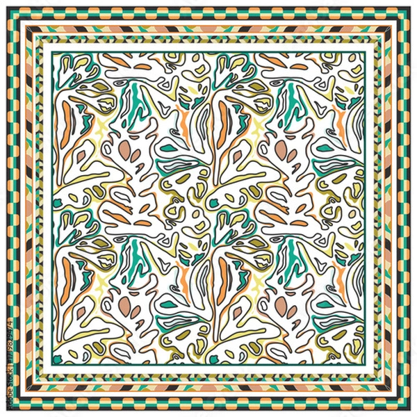 Obraz A vibrant square shape scarf,  abstract pattern featuring fluid shapes in green, orange, and tan, bordered by colorful geometric frames.