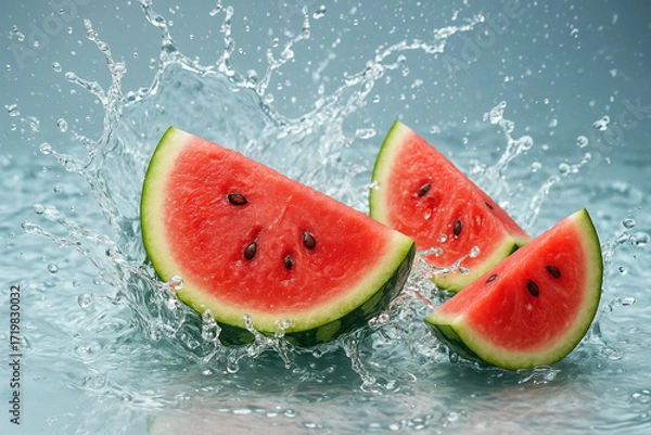 Obraz Juicy watermelon slices splashing in water. Fresh red fruit with black seeds in refreshing dynamic studio shot, isolated background. Perfect for summer drinks, health and advertising.