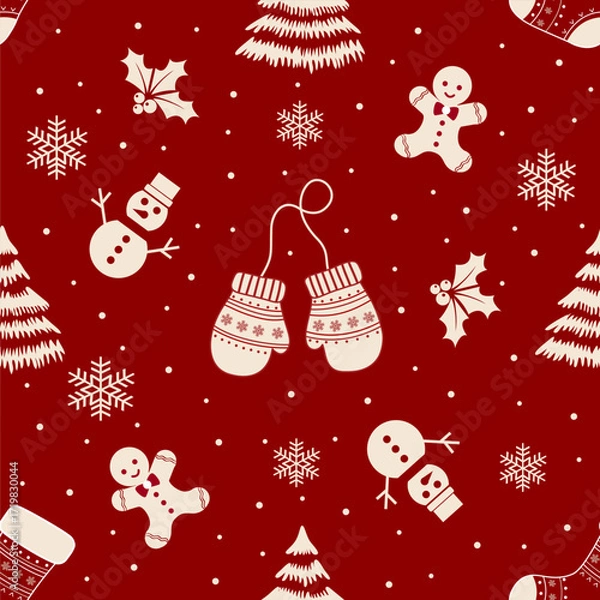 Fototapeta Seamless holiday pattern with gingerbread cookies, mittens, trees, and snowflakes on red background.
