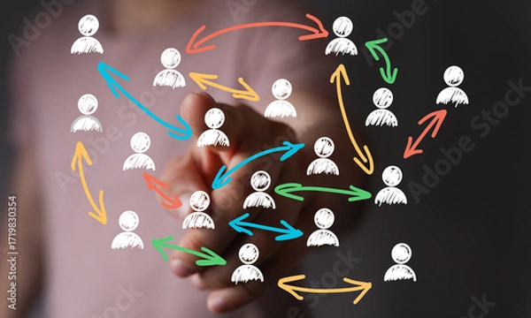 Fototapeta Hand pointing at network of people, showing connection, teamwork, collaboration, communication, and global business strategy. Ideal f