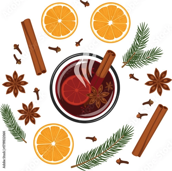 Obraz Vector Flat Lay of German Glühwein with Spices