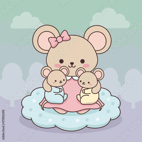 Fototapeta Cute cartoon mother mouse holding two baby mice on a cloud  
