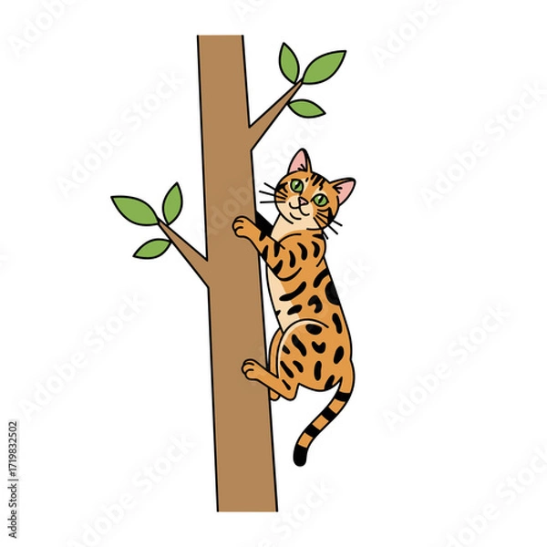 Fototapeta Cartoon bengal cat climbing a tree with green leaves  