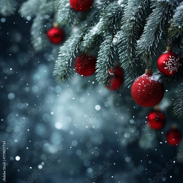 Fototapeta Christmas Tree Branch with Red Baubles and Snow