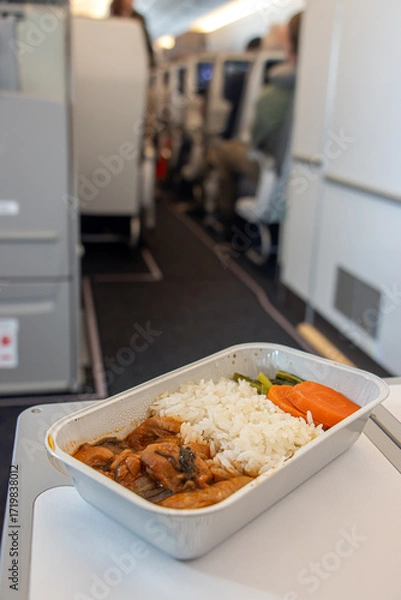 Fototapeta Hot meal in a paper box on a passenger's table in a flying plane