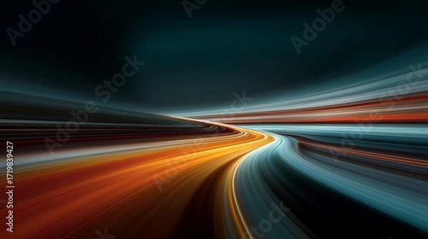 Obraz Sweeping Orange, Red, and Blue Light Trails Curving toward Vanishing Point in Dark Tunnel‑Like Space, expressing Speed, Directional Flow, and High‑Impact Visual Energy in Motion Perspective