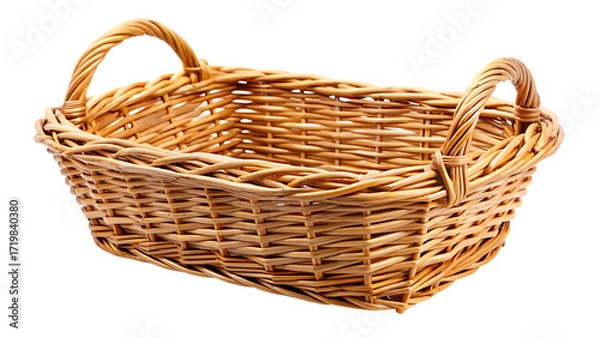 Obraz Rectangular wicker basket with two handles isolated on a transparent background woven