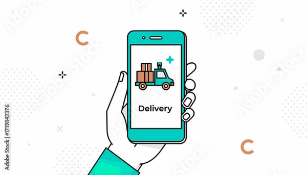 Fototapeta Hand holding smartphone displaying delivery service graphic  
