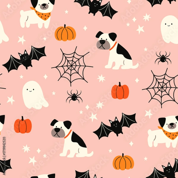 Fototapeta Happy Halloween vector seamless pattern. Cute dog, pumpkin, ghost on a pink background. Dog print in flat style.