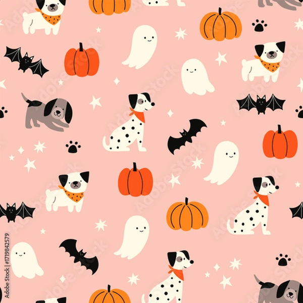 Fototapeta Happy Halloween vector seamless pattern. Cute dog, pumpkin, ghost on a pink background. Dog print in flat style.