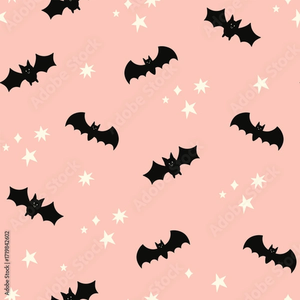 Fototapeta Happy Halloween vector seamless pattern. Cute dog, pumpkin, ghost on a pink background. Dog print in flat style.