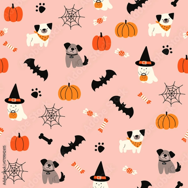 Fototapeta Happy Halloween vector seamless pattern. Cute dog, pumpkin, ghost on a pink background. Dog print in flat style.