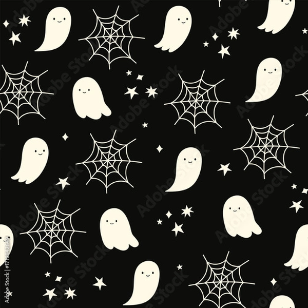 Fototapeta Happy Halloween vector seamless pattern. Cute dog, pumpkin, ghost on a black background. Dog print in flat style.