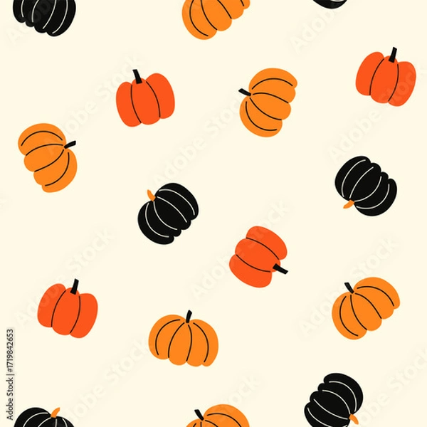 Fototapeta Happy Halloween vector seamless pattern. Cute dog, pumpkin, ghost on a white background. Dog print in flat style.