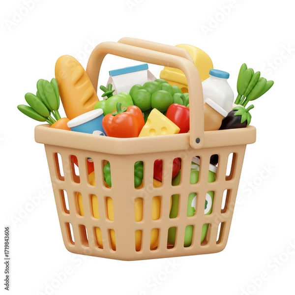 Fototapeta Grocery basket filled with fresh food items isolated on transparent background