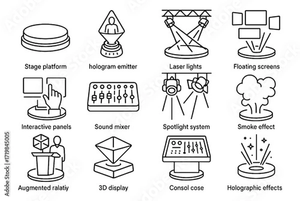 Fototapeta Vector sound holographic icons floating effect hologram stage smoke interactive icon spotlight