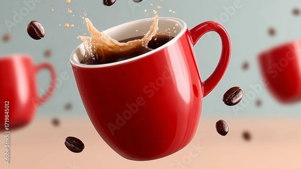 Fototapeta Red coffee cup with coffee splashing out of it. The cup is surrounded by coffee grounds