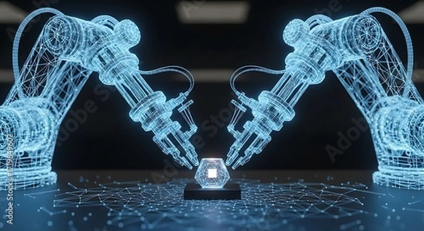 Fototapeta Futuristic robotic arms assemble glowing geometric object in advanced technology manufacturing