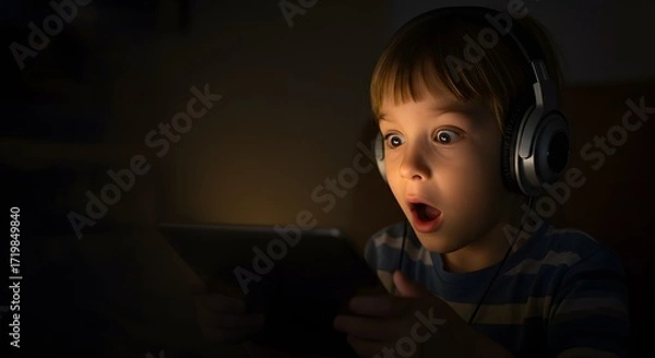 Fototapeta Wide-eyed Child with Headphones Watching Something on a Tablet in the Dark