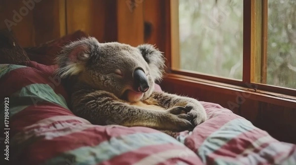 Fototapeta Sleepy koala nestled in cozy bedding by a window