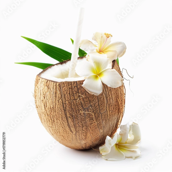 Fototapeta Fresh Coconut Drink with Straw and Flower Garnish on White Background.