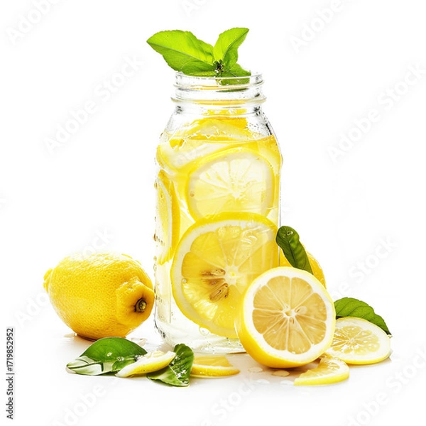 Fototapeta Fresh Lemonade in Glass Jar with Lemon Slices on White Background.