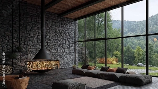 Fototapeta Modern mountain home with stone fireplace and expansive windows overlooking lush forest