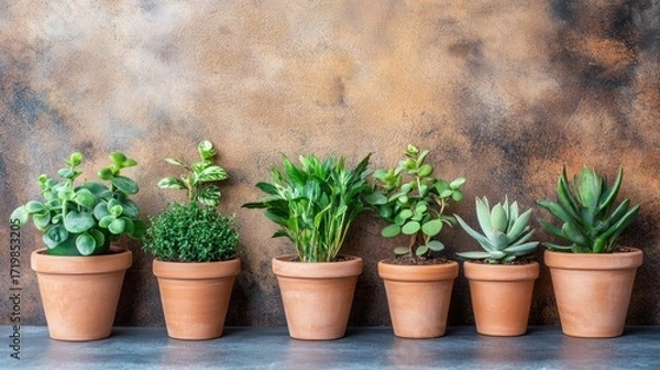 Fototapeta Row of potted plants in terracotta pots against a textured background