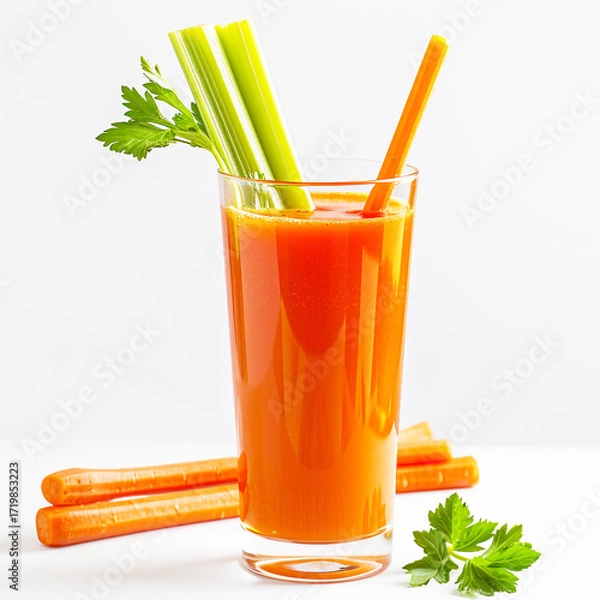 Fototapeta Fresh Vegetable Juice Glass with Carrot and Celery Sticks on White Background.