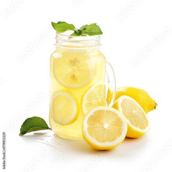 Fototapeta Fresh Lemonade in Glass Jar with Lemon Slices on White Background.