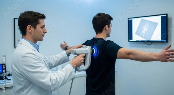 Fototapeta Doctor uses cutting-edge scanning technology for precise patient assessment in a modern clinic setting