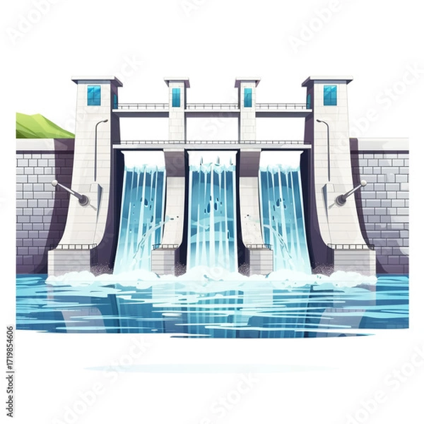 Fototapeta Hydroelectric Dam in Clean Vector Style on White Background.