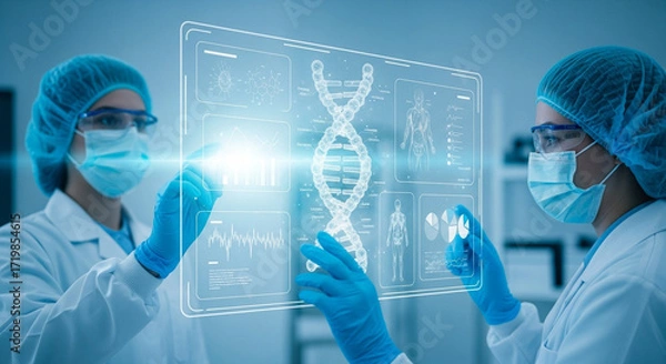 Fototapeta Innovative medical team using advanced technology for DNA research in modern laboratory setting