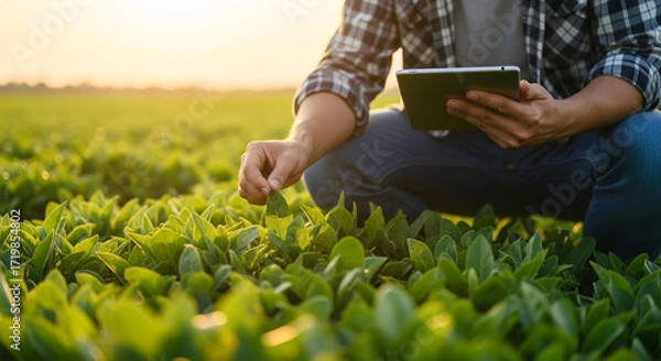Fototapeta Innovative farmer using tablet to analyze crop growth on a vibrant green field at sunset light