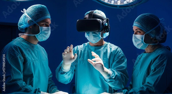 Fototapeta Surgeons prepare for innovative VR surgery inside operating room with advanced technology and equipment
