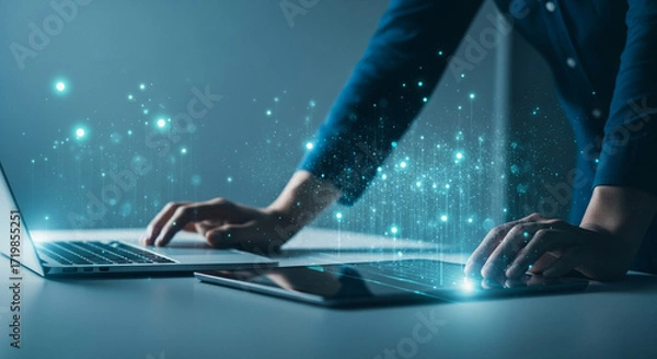Fototapeta Modern professional using laptop with glowing digital data stream for innovative business solutions now