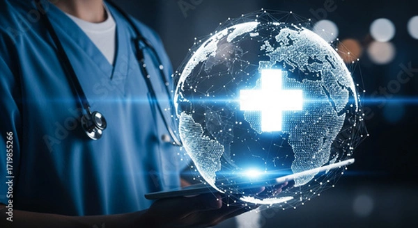Fototapeta Global healthcare professional offering digital solutions with a modern, connected world perspective