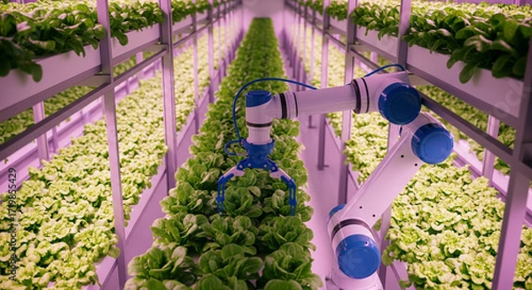 Fototapeta Automated farming robot harvesting fresh lettuce in vertical farm for efficient and sustainable food production