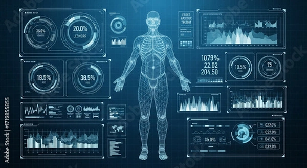 Fototapeta Futuristic human body scan with vital signs graphs and data analysis for medical science or healthcare innovation