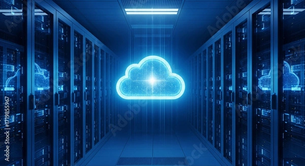 Fototapeta Secure cloud data storage with modern server room and digital networking technology for optimal performance