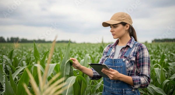 Fototapeta Focused farmer using tablet to check corn crop quality for agriculture technology and sustainable food production