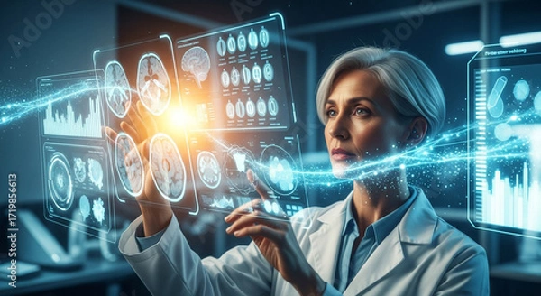 Fototapeta Innovative doctor analyzes brain scans using futuristic technology in a modern medical research facility
