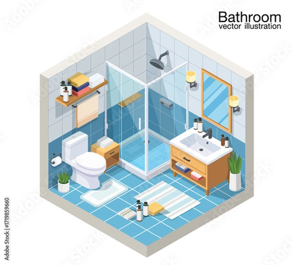 Fototapeta Bathroom interior isometric view with bath shower cabine cubicle toilet sink units towel holders accessories vector illustration.