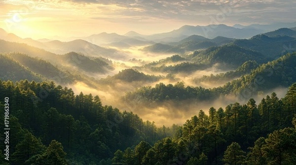 Fototapeta Sunrise over misty green mountain range with dense forest and rolling hills under a partly cloudy sky in a scenic landscape